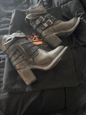 freebird Blaine Black Distressed Leather Buckle Ankle Boot